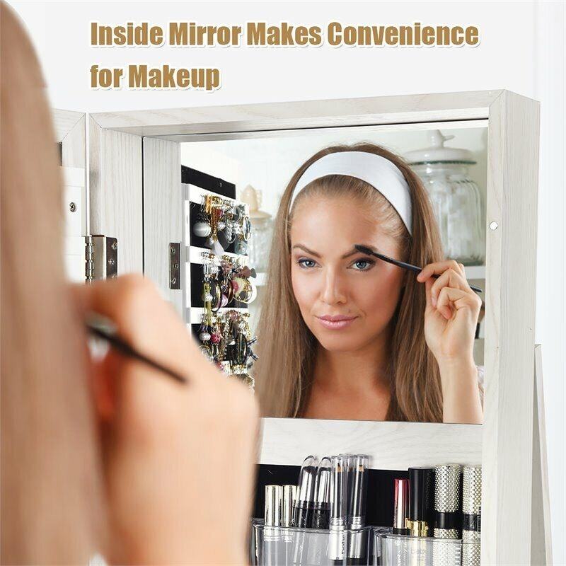 360° Swivel Jewelry Cabinet Armoire with Full Length Mirror & Rear Storage Shelves, Standing Lockable Jewelry Organizer Inside Makeup Mirror