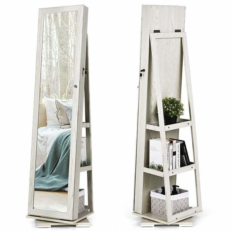 360° Swivel Jewelry Cabinet Armoire with Full Length Mirror & Rear Storage Shelves, Standing Lockable Jewelry Organizer Inside Makeup Mirror