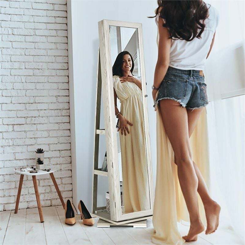 360° Swivel Jewelry Cabinet Armoire with Full Length Mirror & Rear Storage Shelves, Standing Lockable Jewelry Organizer Inside Makeup Mirror