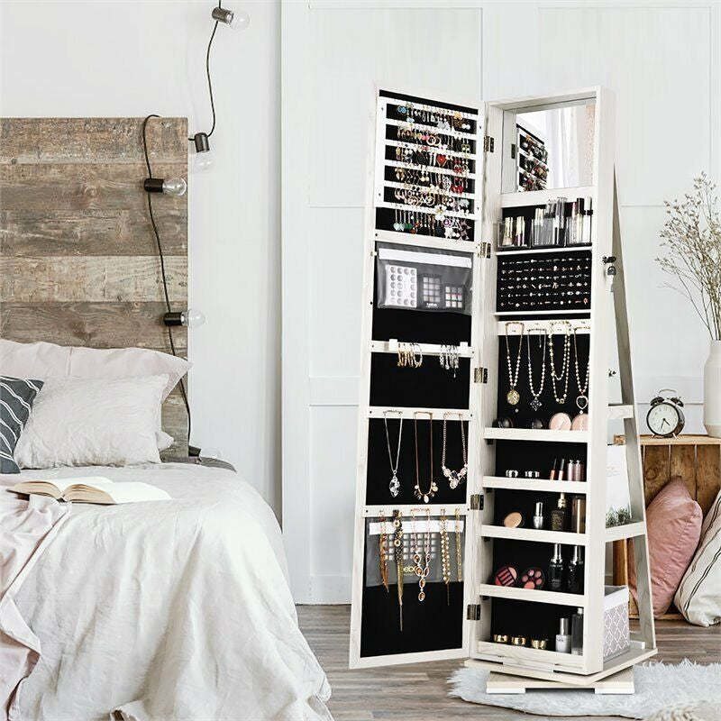 360° Swivel Jewelry Cabinet Armoire with Full Length Mirror & Rear Storage Shelves, Standing Lockable Jewelry Organizer Inside Makeup Mirror