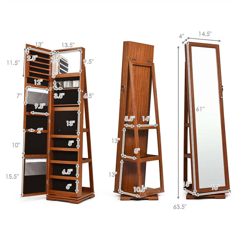 360° Swivel Jewelry Cabinet Armoire with Full Length Mirror & Rear Storage Shelves, Standing Lockable Jewelry Organizer Inside Makeup Mirror