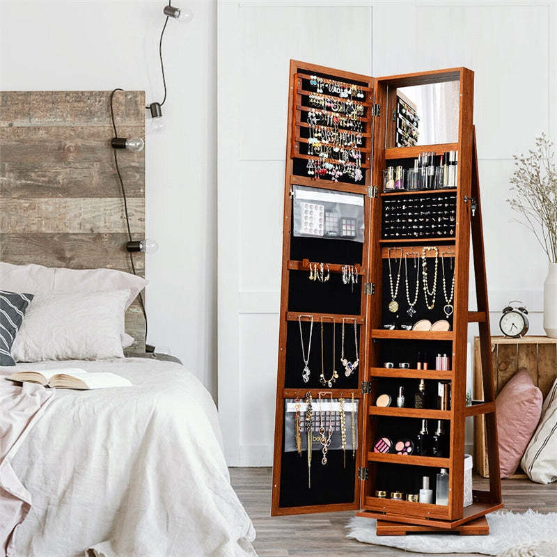 360° Swivel Jewelry Cabinet Armoire with Full Length Mirror & Rear Storage Shelves, Standing Lockable Jewelry Organizer Inside Makeup Mirror