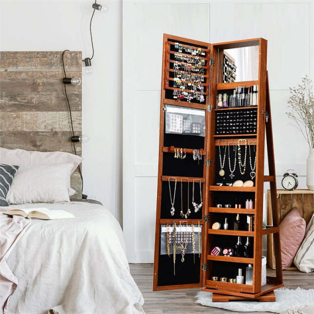 360° Swivel Jewelry Cabinet Armoire with Full Length Mirror & Rear Storage Shelves, Standing Lockable Jewelry Organizer Inside Makeup Mirror