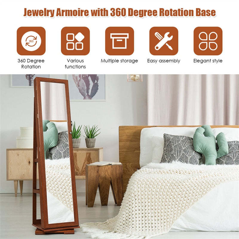 360° Swivel Jewelry Cabinet Armoire with Full Length Mirror & Rear Storage Shelves, Standing Lockable Jewelry Organizer Inside Makeup Mirror