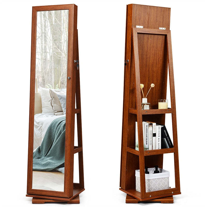 360° Swivel Jewelry Cabinet Armoire with Full Length Mirror & Rear Storage Shelves, Standing Lockable Jewelry Organizer Inside Makeup Mirror