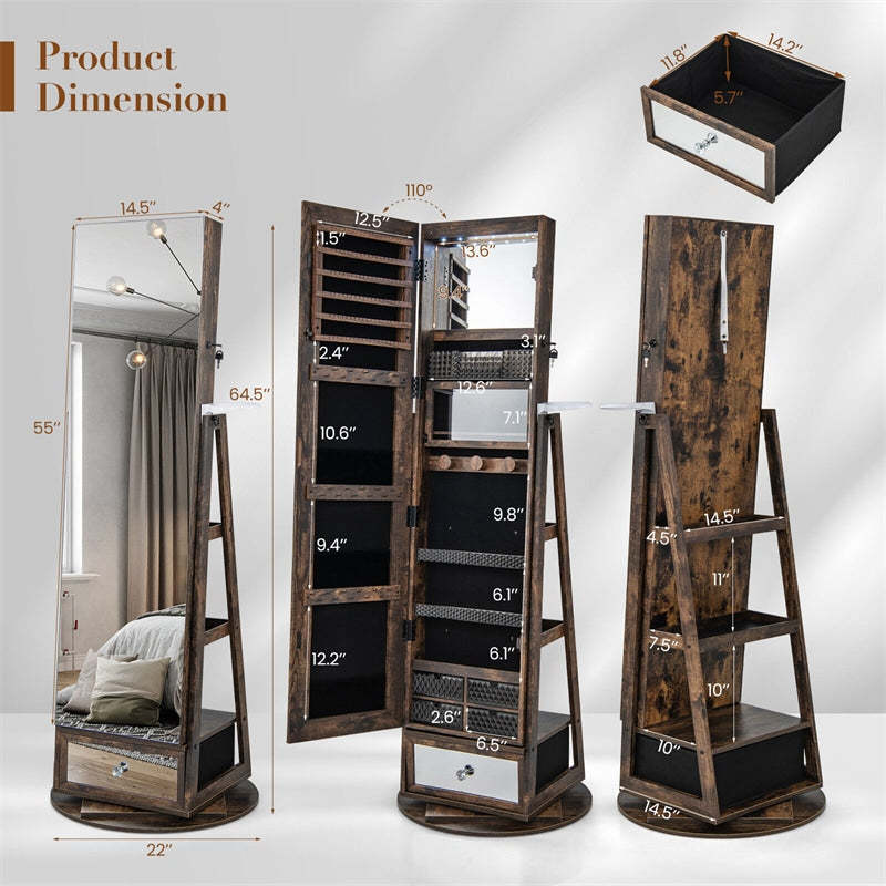 360° Swivel Jewelry Cabinet Armoire, Full-Length Mirror with LED Lockable Jewelry Organizer, Hairdryer Holder, Drawer, Rear Storage Shelves