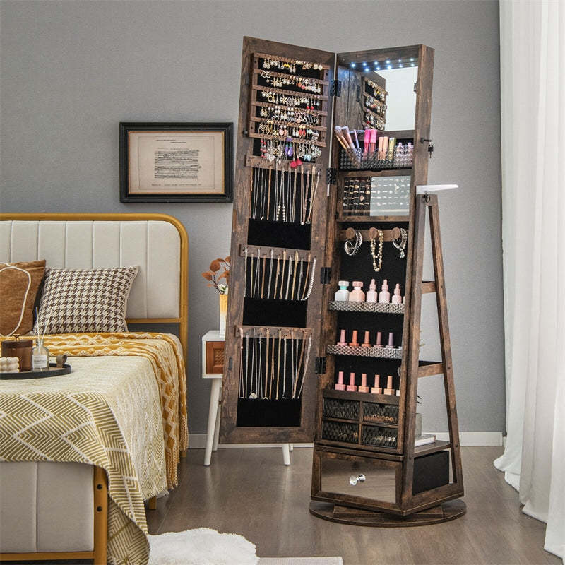 360° Swivel Jewelry Cabinet Armoire, Full-Length Mirror with LED Lockable Jewelry Organizer, Hairdryer Holder, Drawer, Rear Storage Shelves