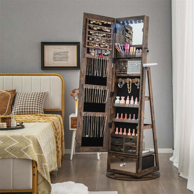 360° Swivel Jewelry Cabinet Armoire, Full-Length Mirror with LED Lockable Jewelry Organizer, Hairdryer Holder, Drawer, Rear Storage Shelves