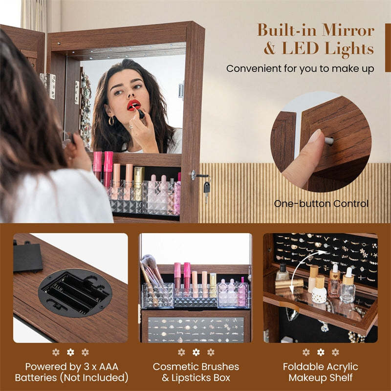 360° Swivel Jewelry Cabinet Armoire, Full-Length Mirror with LED Lockable Jewelry Organizer, Hairdryer Holder, Drawer, Rear Storage Shelves