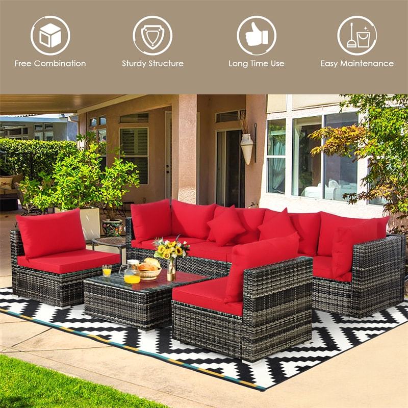 7PCS PE Rattan Modular Outdoor Sectional Set with Tempered Glass Top Table & Cushions, Patio Sofa Furniture for Backyard, Poolside Garden
