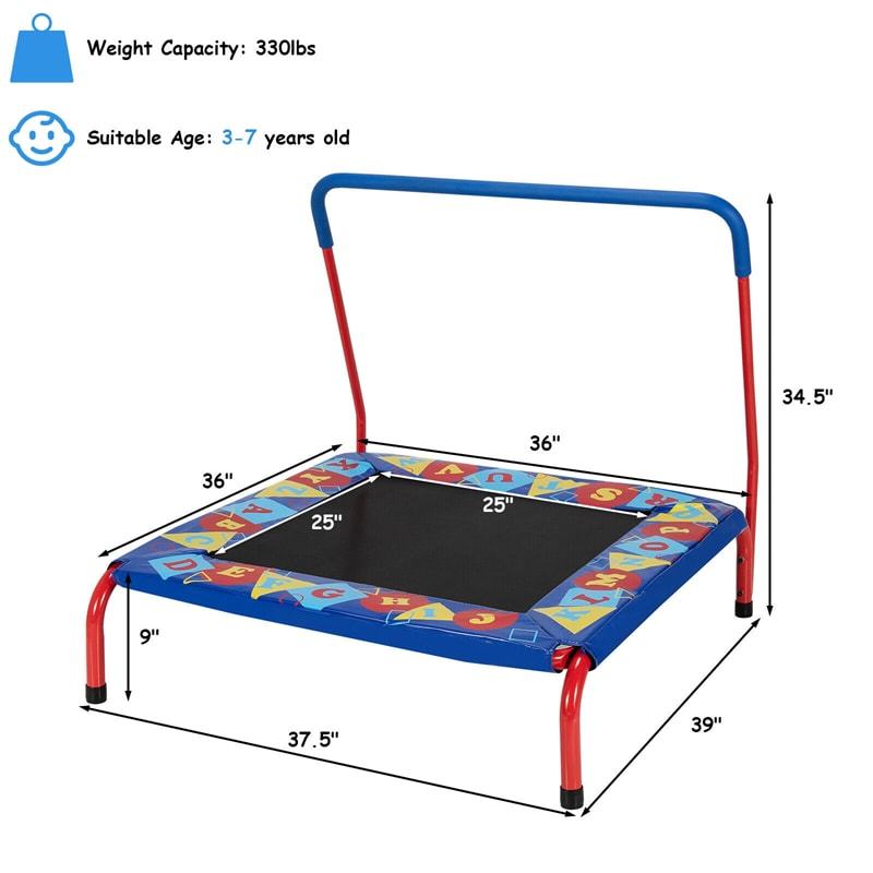 36" Square Kids Trampoline ASTM Approved Mini Toddler Trampoline w/ Foamed Handrail, Safety Padded Cover, 330Lbs Load Indoor Outdoor Fitness Rebounder
