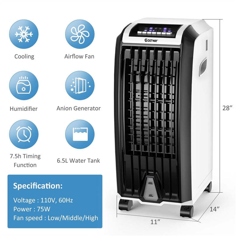4-in-1 Evaporative Air Cooler, Portable Air Cooler with Fan, Humidifier, Remote Control, 6.5L Tank & Ice Packs, Quiet for Home, Office, Dorms