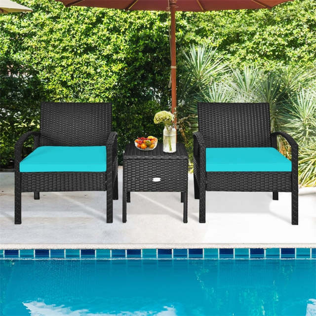 3PCS Rattan Patio Furniture Set Outdoor Bistro Set with Cushions & Storage Table, Wicker Sofa Chair Conversation Set for Balcony Porch