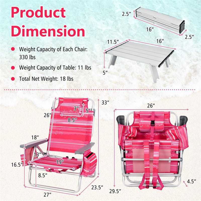 3PCS Folding Backpack Beach Chairs with Side Table, Cooler Bag, Cup Holder, 5-Position Reclining Beach Chairs for Camping Sunbathing