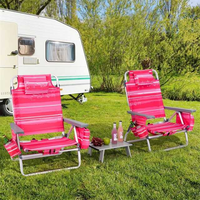 3PCS Folding Backpack Beach Chairs with Side Table, Cooler Bag, Cup Holder, 5-Position Reclining Beach Chairs for Camping Sunbathing