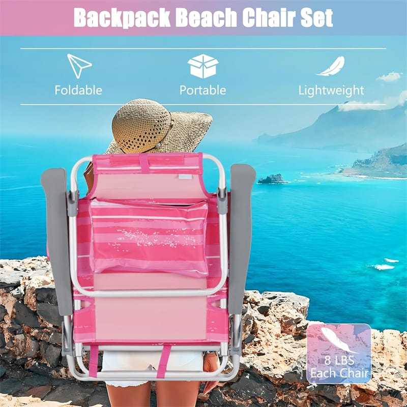 3PCS Folding Backpack Beach Chairs with Side Table, Cooler Bag, Cup Holder, 5-Position Reclining Beach Chairs for Camping Sunbathing