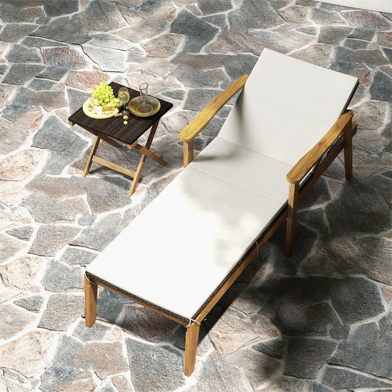 3PCS Outdoor Chaise Lounge Set with Rattan Folding Table, Acacia Wood Frame Patio Lounge Chairs w/ Adjustable Backrests, Armrests, Cushions