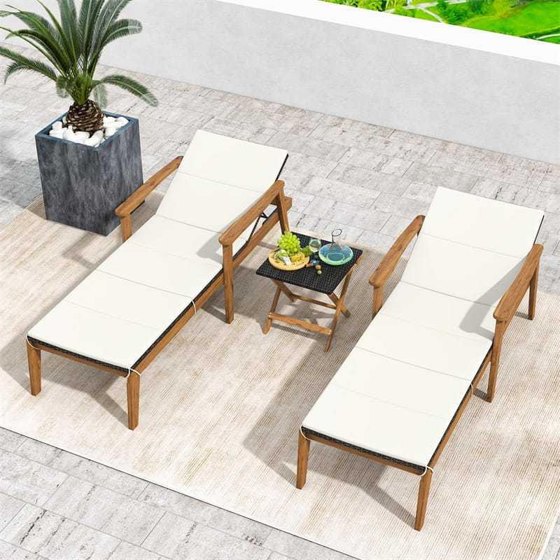 3PCS Outdoor Chaise Lounge Set with Rattan Folding Table, Acacia Wood Frame Patio Lounge Chairs w/ Adjustable Backrests, Armrests, Cushions