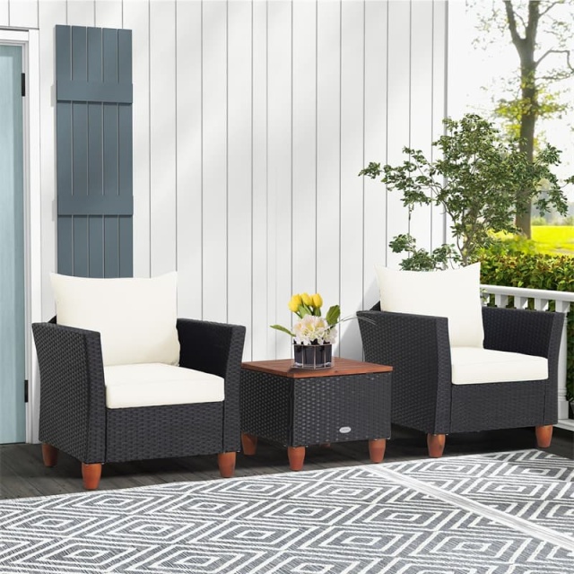 3PCS Patio Rattan Furniture Set Cushioned Sofa Chair Storage Coffee Table with Acacia Wood Top, Outdoor Wicker Conversation Set for Garden