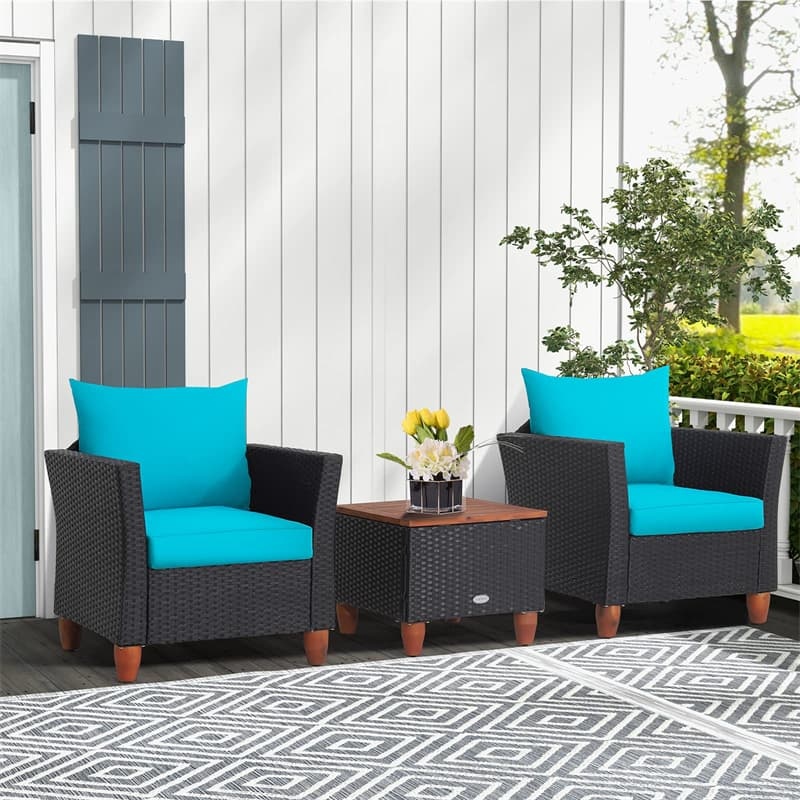 3PCS Patio Rattan Furniture Set Cushioned Sofa Chair Storage Coffee Table with Acacia Wood Top, Outdoor Wicker Conversation Set for Garden