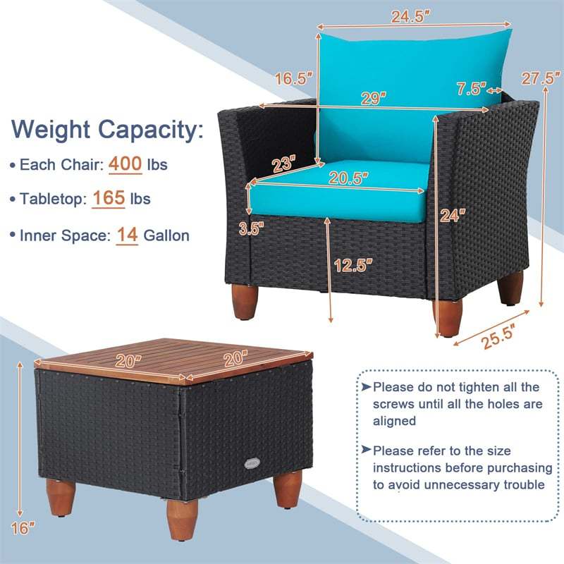 3PCS Patio Rattan Furniture Set Cushioned Sofa Chair Storage Coffee Table with Acacia Wood Top, Outdoor Wicker Conversation Set for Garden
