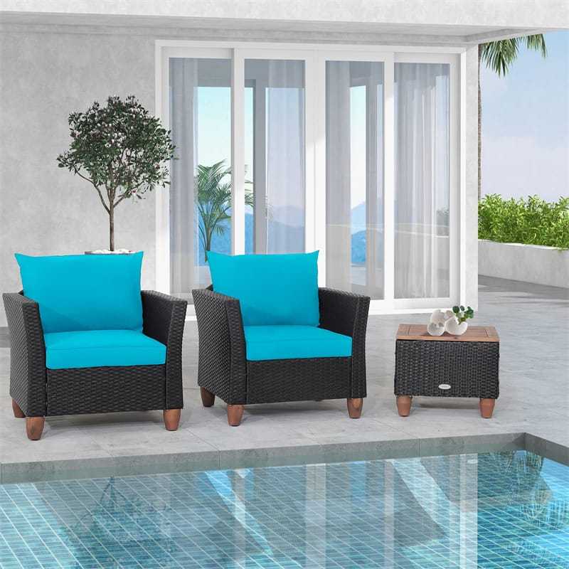 3PCS Patio Rattan Furniture Set Cushioned Sofa Chair Storage Coffee Table with Acacia Wood Top, Outdoor Wicker Conversation Set for Garden