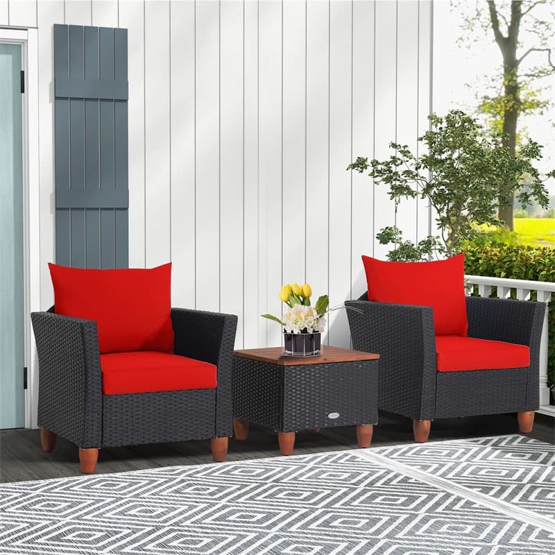 3PCS Patio Rattan Furniture Set Cushioned Sofa Chair Storage Coffee Table with Acacia Wood Top, Outdoor Wicker Conversation Set for Garden