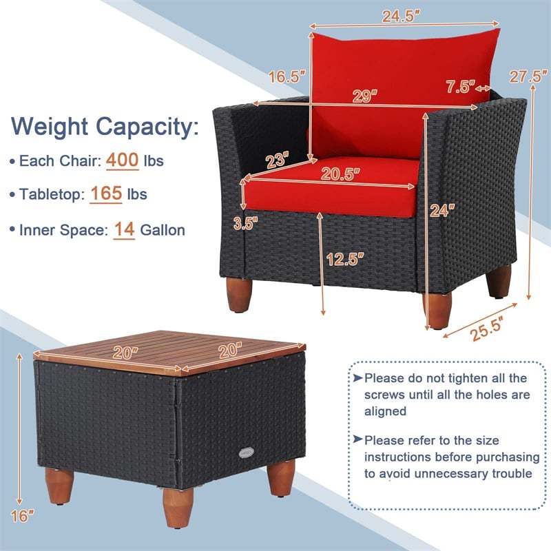 3PCS Patio Rattan Furniture Set Cushioned Sofa Chair Storage Coffee Table with Acacia Wood Top, Outdoor Wicker Conversation Set for Garden