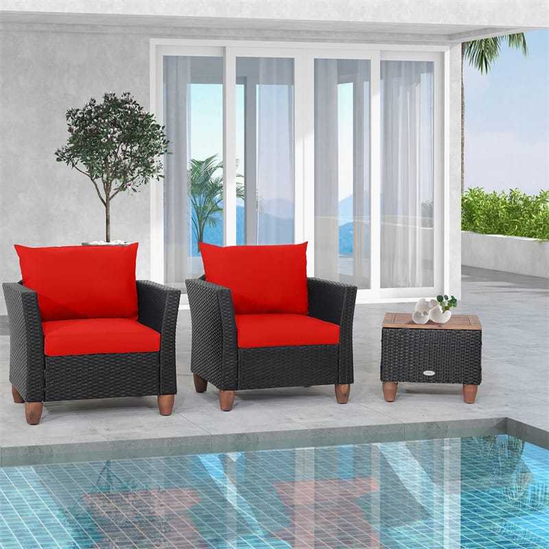 3PCS Patio Rattan Furniture Set Cushioned Sofa Chair Storage Coffee Table with Acacia Wood Top, Outdoor Wicker Conversation Set for Garden