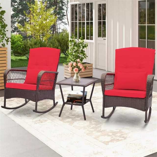 3-Piece Rattan Patio Rocker Set with 2 Rocking Chairs, Tempered Glass Coffee Table & Cushions, Outdoor Bistro Set for Porch, Poolside, Backyard