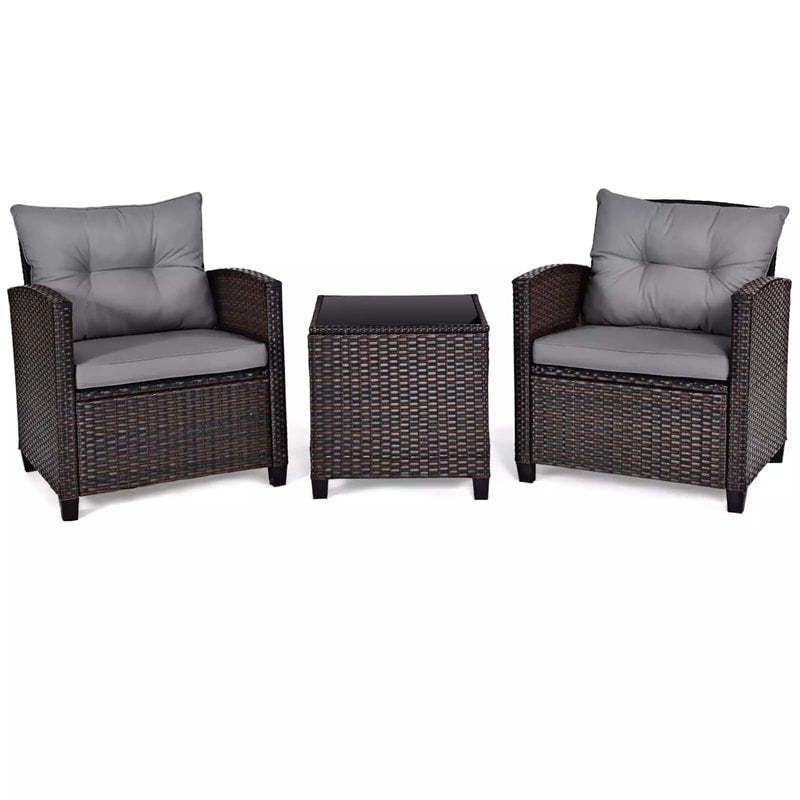 3PCS Rattan Patio Furniture Set with Washable Cushions & Tempered Glass Coffee Table, Outdoor Wicker Conversation Set for Garden, Balcony