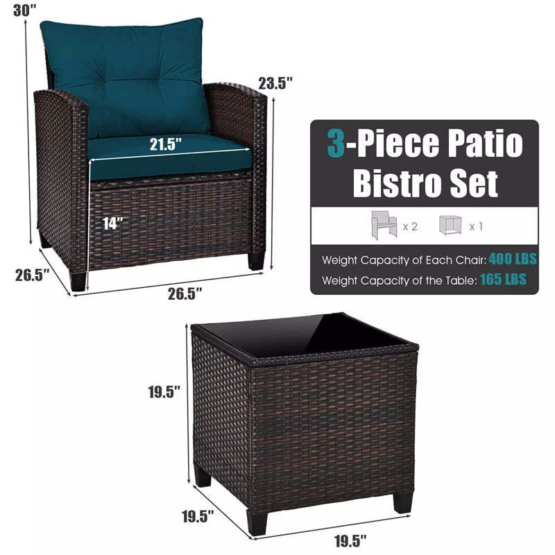3PCS Rattan Patio Furniture Set with Washable Cushions & Tempered Glass Coffee Table, Outdoor Wicker Conversation Set for Garden, Balcony