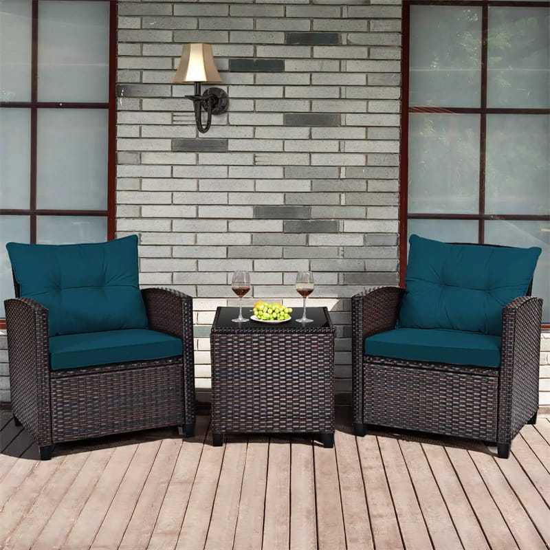 3PCS Rattan Patio Furniture Set with Washable Cushions & Tempered Glass Coffee Table, Outdoor Wicker Conversation Set for Garden, Balcony