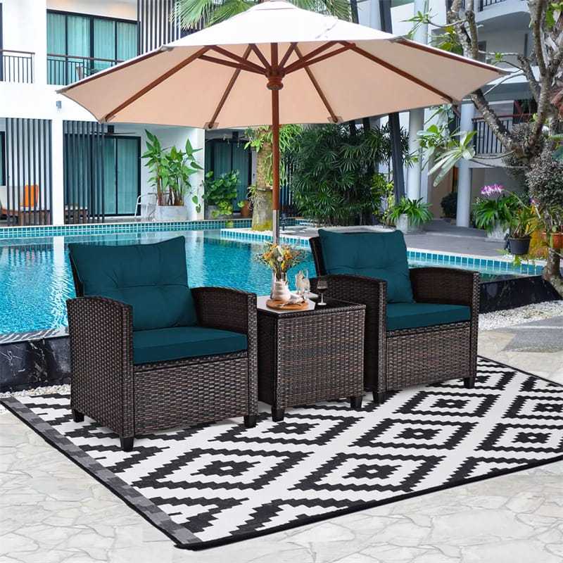 3PCS Rattan Patio Furniture Set with Washable Cushions & Tempered Glass Coffee Table, Outdoor Wicker Conversation Set for Garden, Balcony