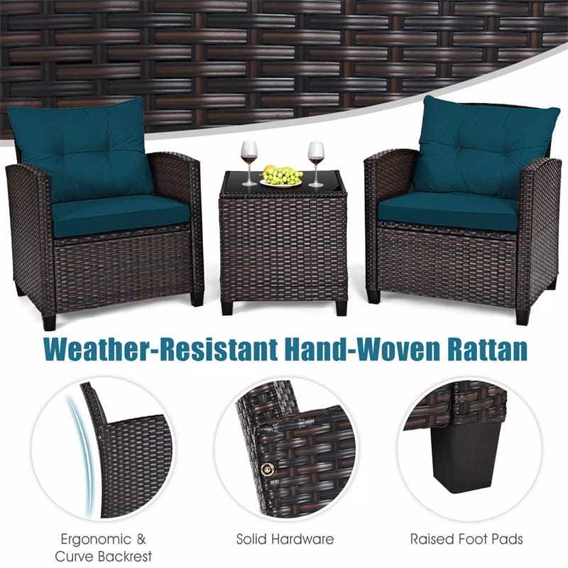 3PCS Rattan Patio Furniture Set with Washable Cushions & Tempered Glass Coffee Table, Outdoor Wicker Conversation Set for Garden, Balcony