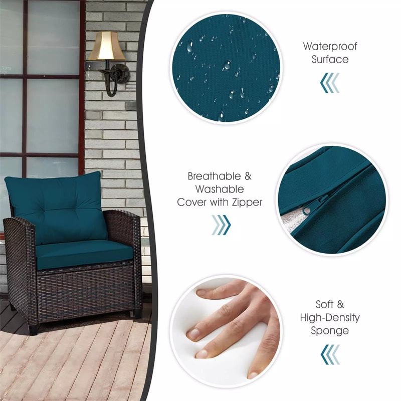 3PCS Rattan Patio Furniture Set with Washable Cushions & Tempered Glass Coffee Table, Outdoor Wicker Conversation Set for Garden, Balcony