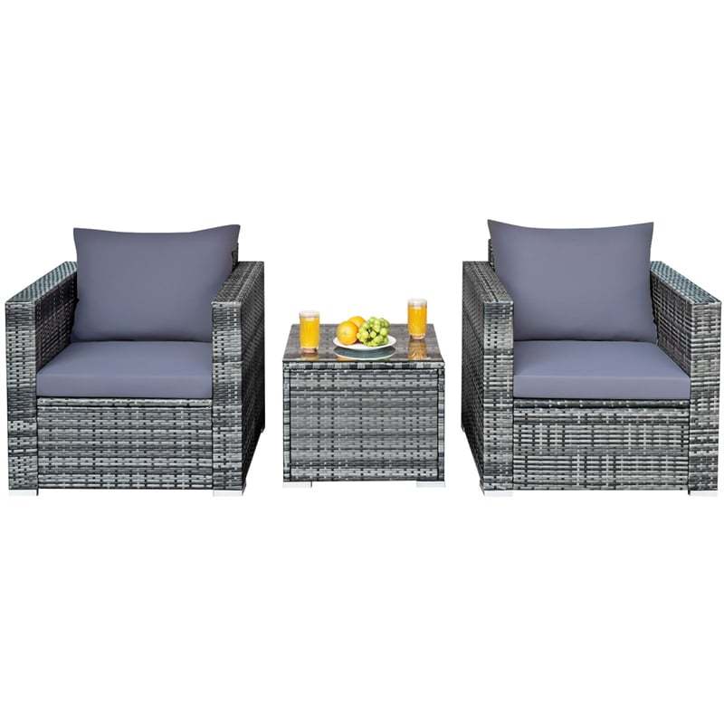 3 Piece Patio Rattan Conversation Set Wicker Bistro Set with Washable Cushions & Tempered Glass Top Table