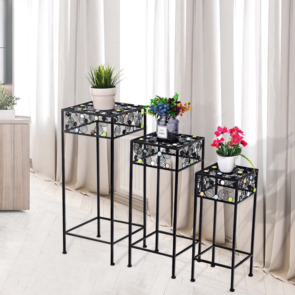 3 Pcs Square Metal Plant Stand Ceramic Beads Flower Display Rack