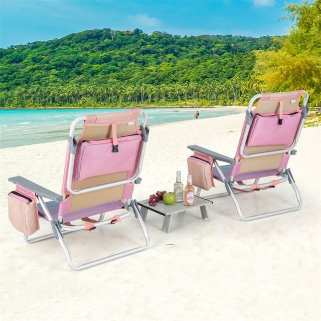 3PCS Folding Backpack Beach Chairs with Side Table, Cooler Bag, Cup Holder, 5-Position Reclining Beach Chairs for Camping Sunbathing