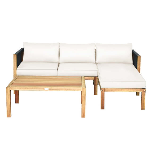3 Piece Acacia Wood Patio Sofa Set L-Shape Outdoor Furniture Set Garden Conversation Set with 2 Loveseats, Coffee Table, Back & Seat Cushions
