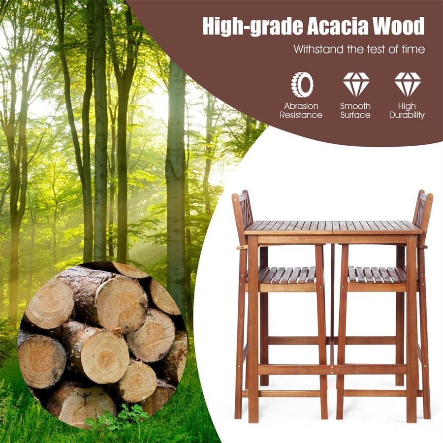 3-Piece Acacia Wood Bar Set, Outdoor Bar Height Bistro Set with 2 Stools, Space-Saving Patio Dining Set for Backyard, Balcony & Sunroom