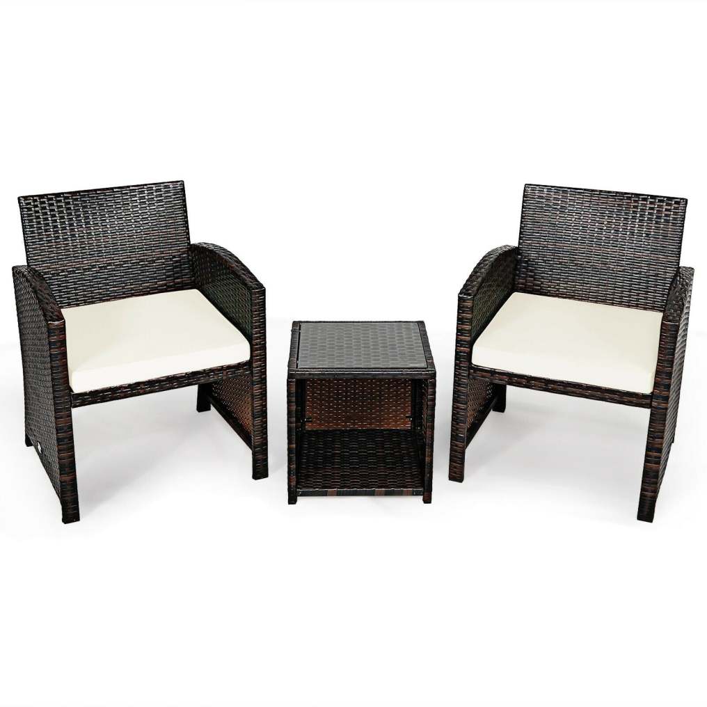 3 Piece Outdoor PE Rattan Furniture Set Wicker Patio Conversation Set with Cushioned Chairs, Tempered Glass Storage Coffee Table