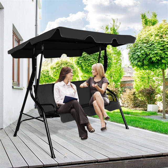 3-Seat Patio Swing with Adjustable Canopy & Removable Cushion, Powder-Coated Steel Frame Outdoor Porch Swing for Backyard, Garden, Balcony