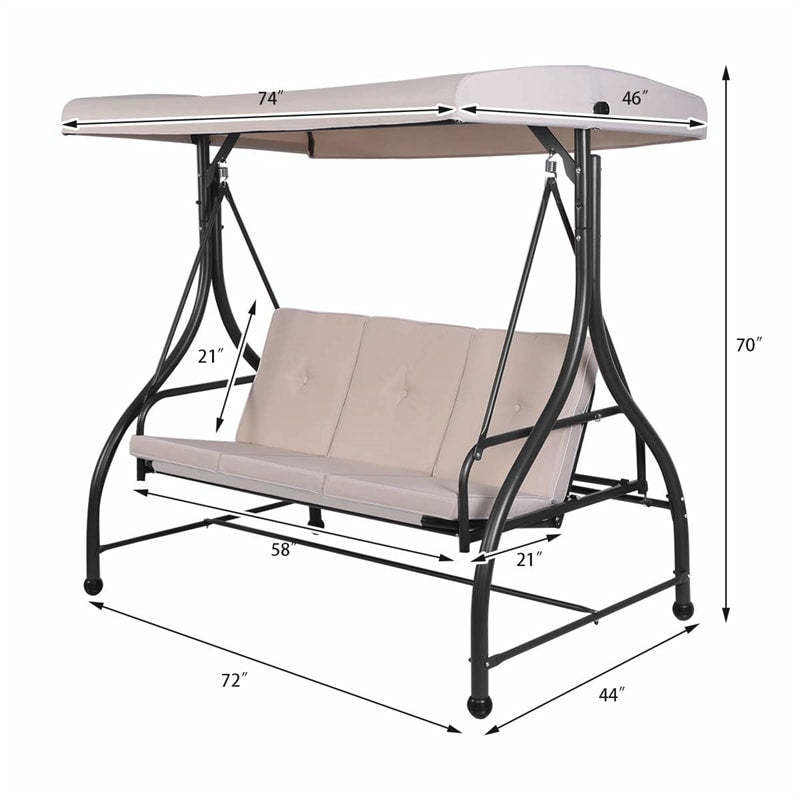 Outdoor Converting Swing Canopy Hammock 3-Seat Porch Swing Glider Chair with  & Adjustable Tilt Canopy, Seat & Back Cushions