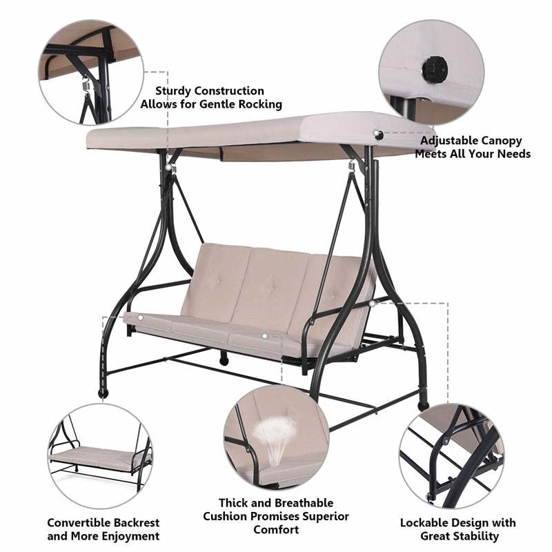 Outdoor Converting Swing Canopy Hammock 3-Seat Porch Swing Glider Chair with  & Adjustable Tilt Canopy, Seat & Back Cushions