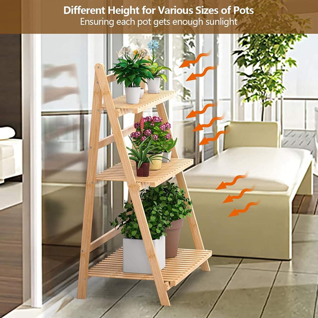 3 Tier Folding Bamboo Plant Stand Organizer Storage Shelving