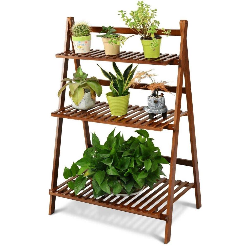 3 Tier Folding Bamboo Plant Stand Organizer Storage Shelving