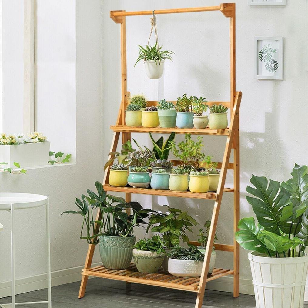 3 Tier Bamboo Hanging Plant Stand Folding Planter Shelf Indoor Outdoor Flower Pot Organizer Display Storage Rack with Adjustable Hanger Rod