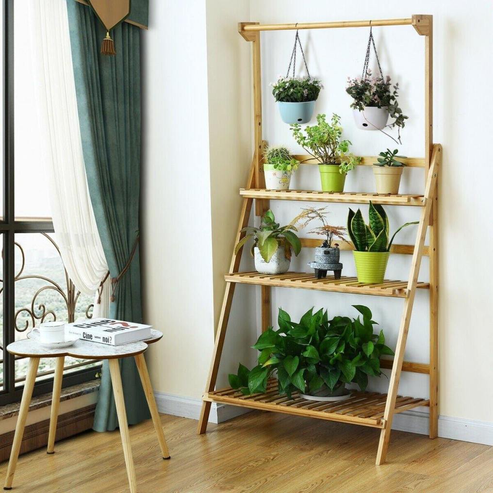 3 Tier Bamboo Hanging Plant Stand Folding Planter Shelf Indoor Outdoor Flower Pot Organizer Display Storage Rack with Adjustable Hanger Rod