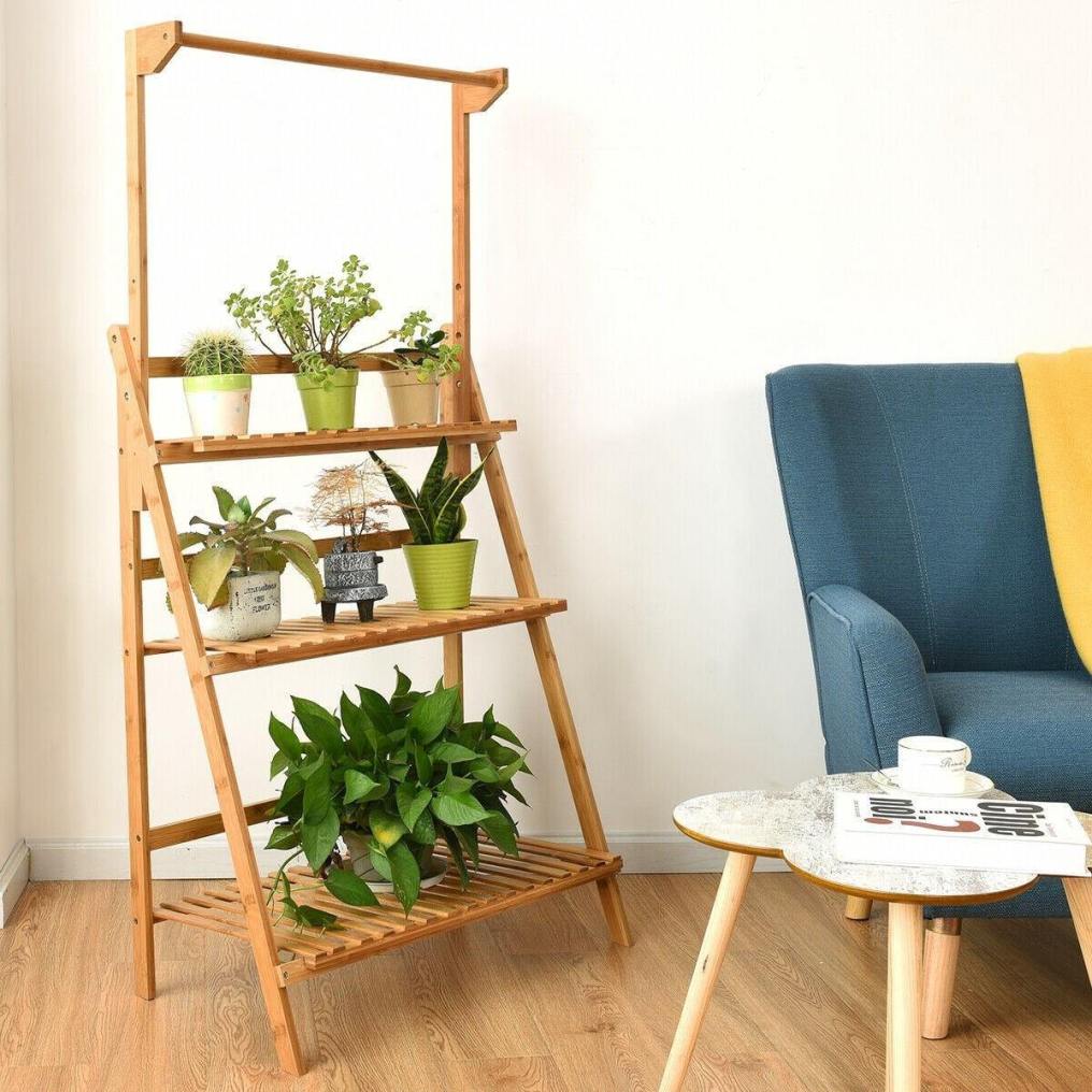 3 Tier Bamboo Hanging Plant Stand Folding Planter Shelf Indoor Outdoor Flower Pot Organizer Display Storage Rack with Adjustable Hanger Rod